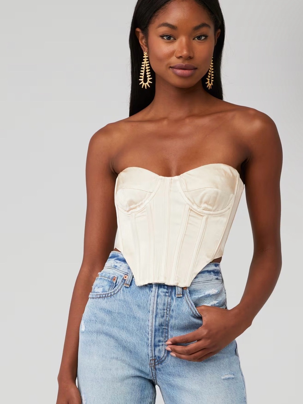 Bardot Eva Bustier Corset Top Champagne Satin Strapless Size S